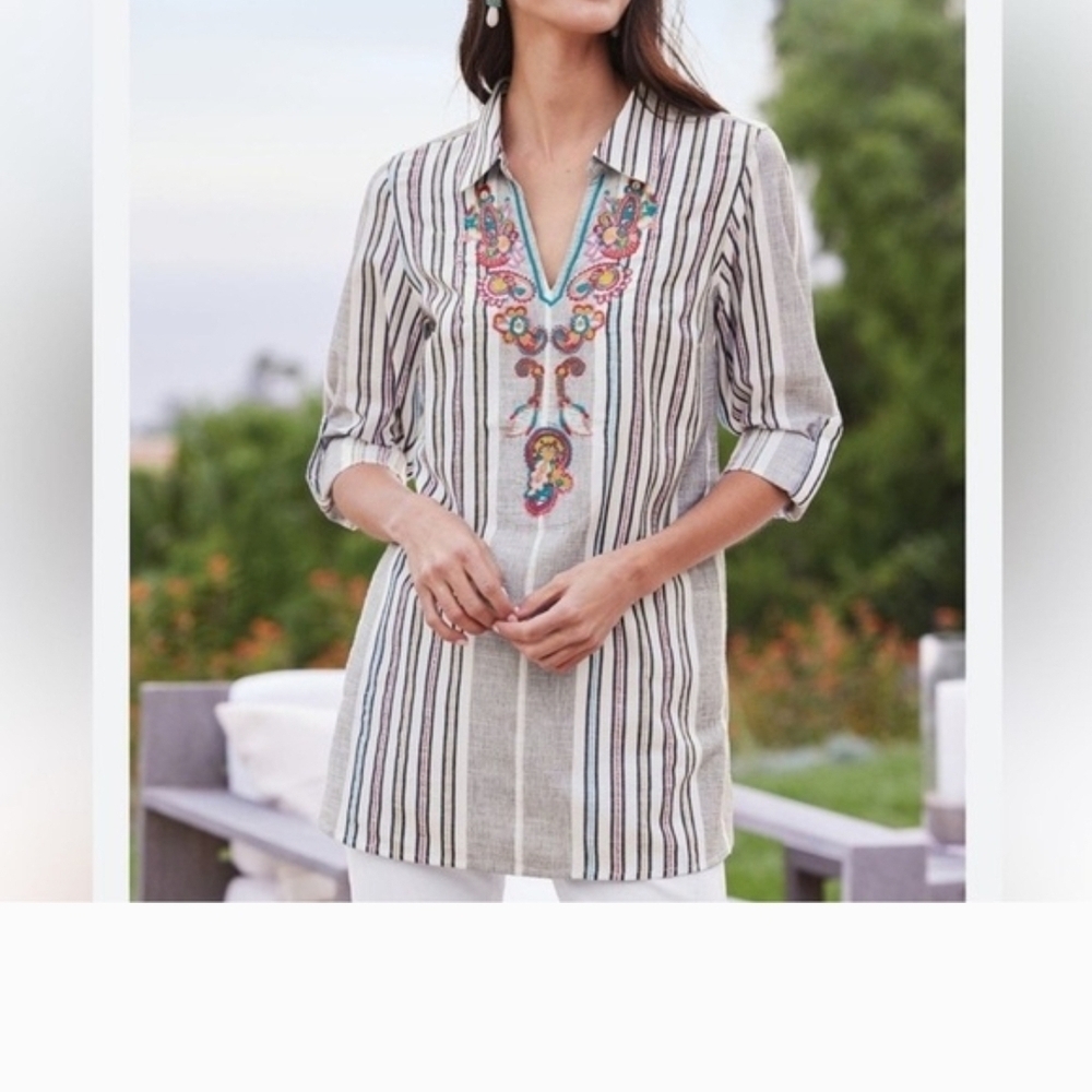 Soft Surroundings Brookhaven Floral Embroidered Striped Tunic Size XL